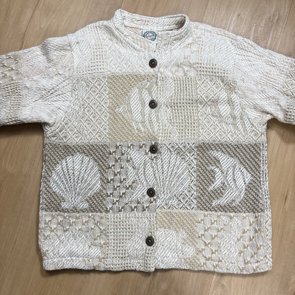 Sugar Street Weavers Tan Cardigan Large Coastal Tropical Fish Seashell USA Made